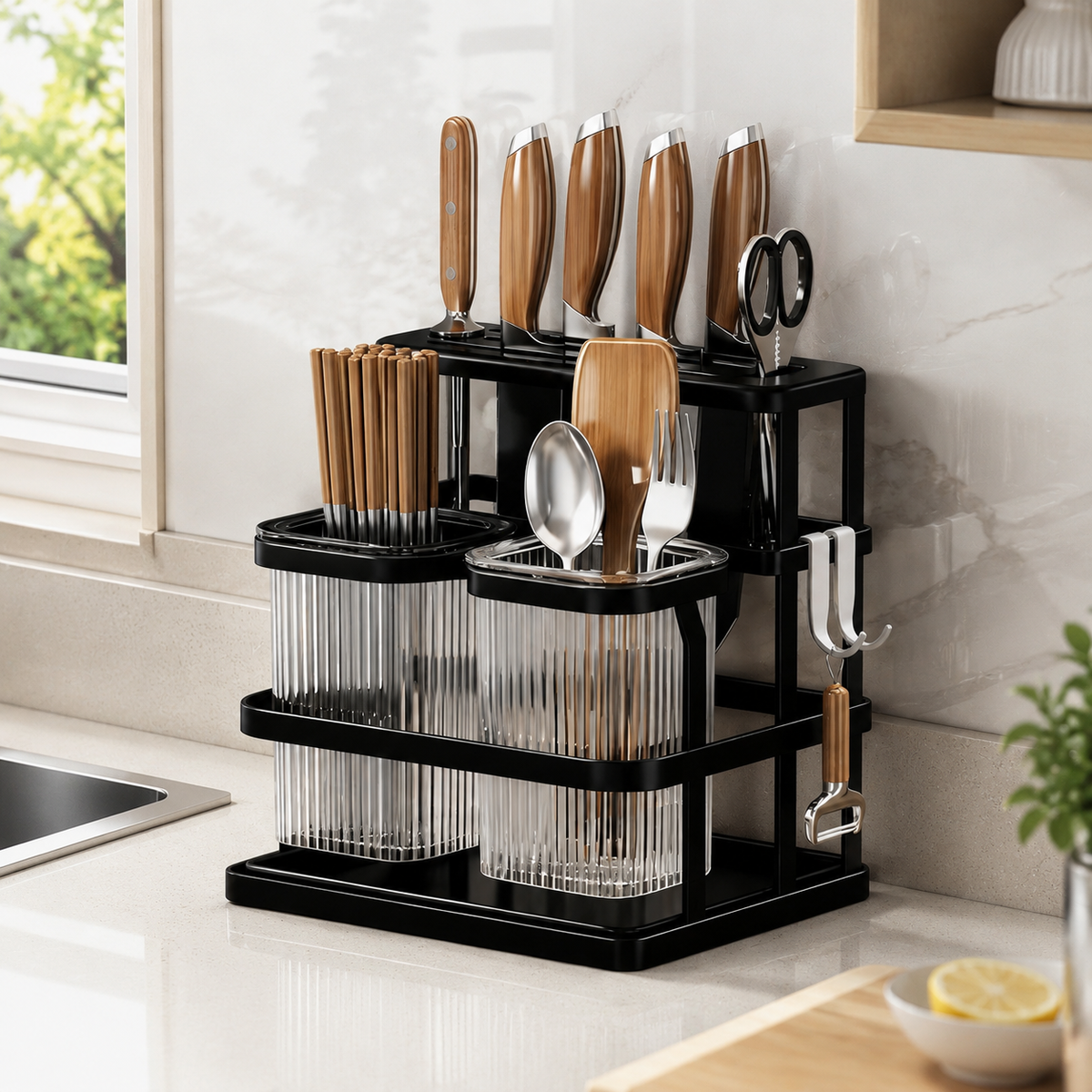 Knife Block Without Knives, Matte, Wall-Mounted for Small Apartments, Kitchen Knife Holder with Utensil Organizer, Carbon Metal