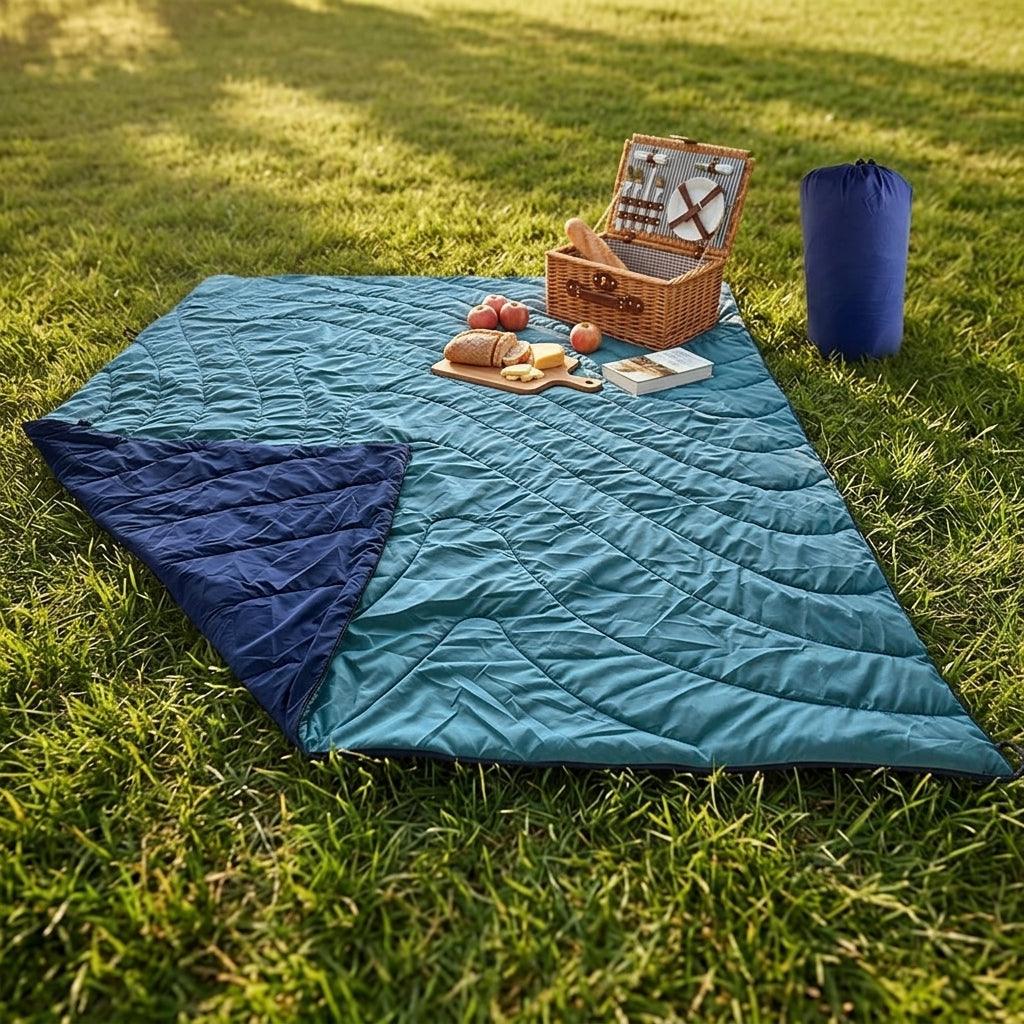 Picnic Blanket and Waterproof Mat for Family Picnic, Quilted 30d Polyester Taffeta Camping Pad, Large Sleeping Surface, Rolls with Strap Design