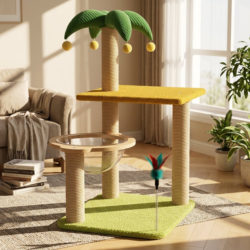 Coconut Tree Cat Climber Activity Centre with Round Base, Sisal Scratching Tree Indoor Playhouse for Adult Cats, Premium Paradise Sisal Rope