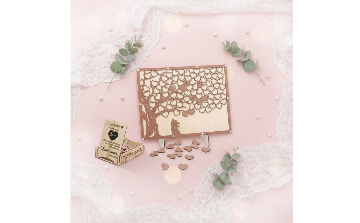 Easy Assembly Wedding Guest Book Substitute Wall Mountable Wooden Heart Drop Guest Book Includes Stand Wedding Sign-in Frame for Bridal Shower, Engagement Party