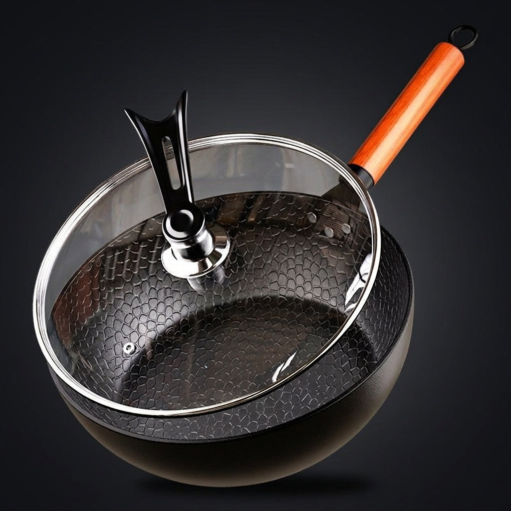 Frying Pan for Stir Fry with Hammered Texture, Heavy Duty Cast Iron Wok Pan Lid for Home Cooking, Versatile Cookware for All Induction Hobs