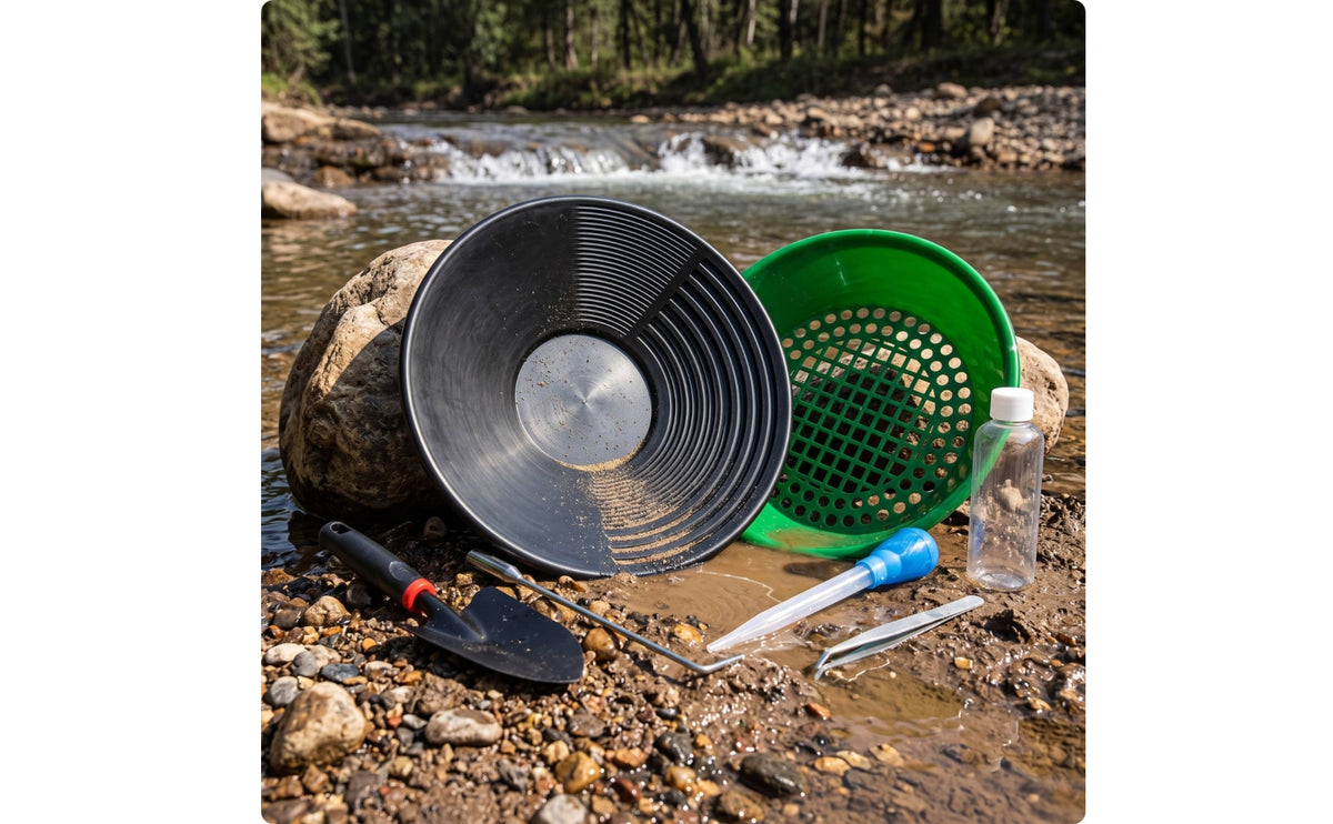 Gold Panning Kit with Mesh Insert Complete Panning Dish with Grooves Starter Enlarging Tweezers for Hobbyists