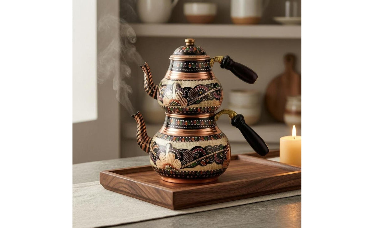 2 Pieces Floral Engraving Nested Lidded Teapots Painted Detailing Violet Copper Teapots Handmade Teapot Set Glossy Finish