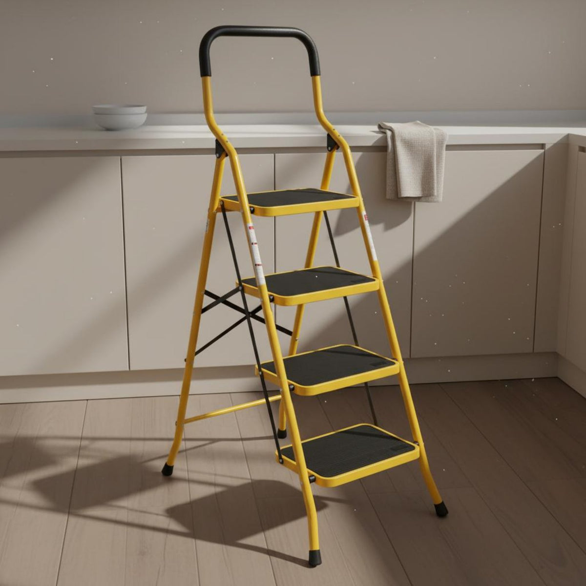 Foldable Design Household Ladder with Double Handrails Anti-Slip Feet Wide Step Folding Ladder Heavy Duty Folding Step Stool with Safety Rails Multi-Purpose for Elderly, Home, Kitchen, Indoor