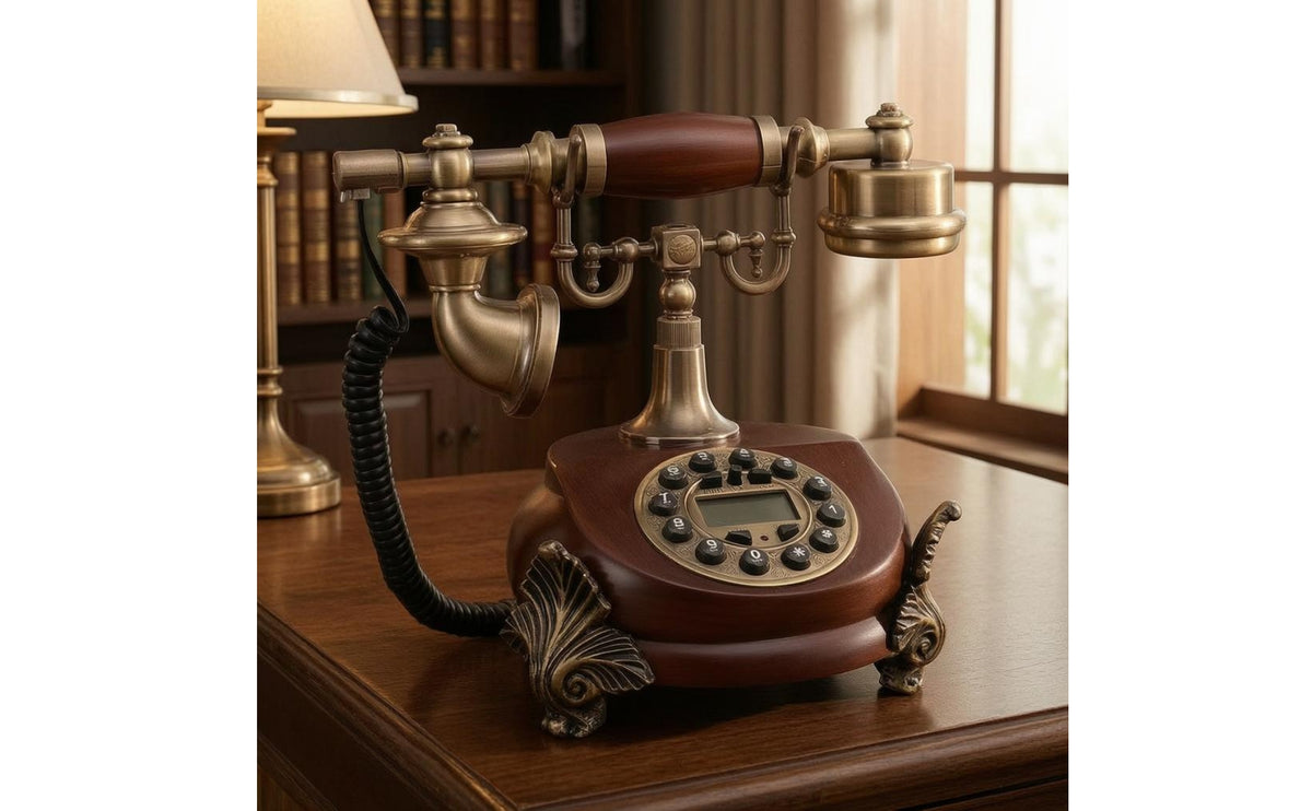 Ornate Antique-Style Desktop Telephone Plug and Play Vintage Desk Phone Redial Retro Landline Phone Ringer Off