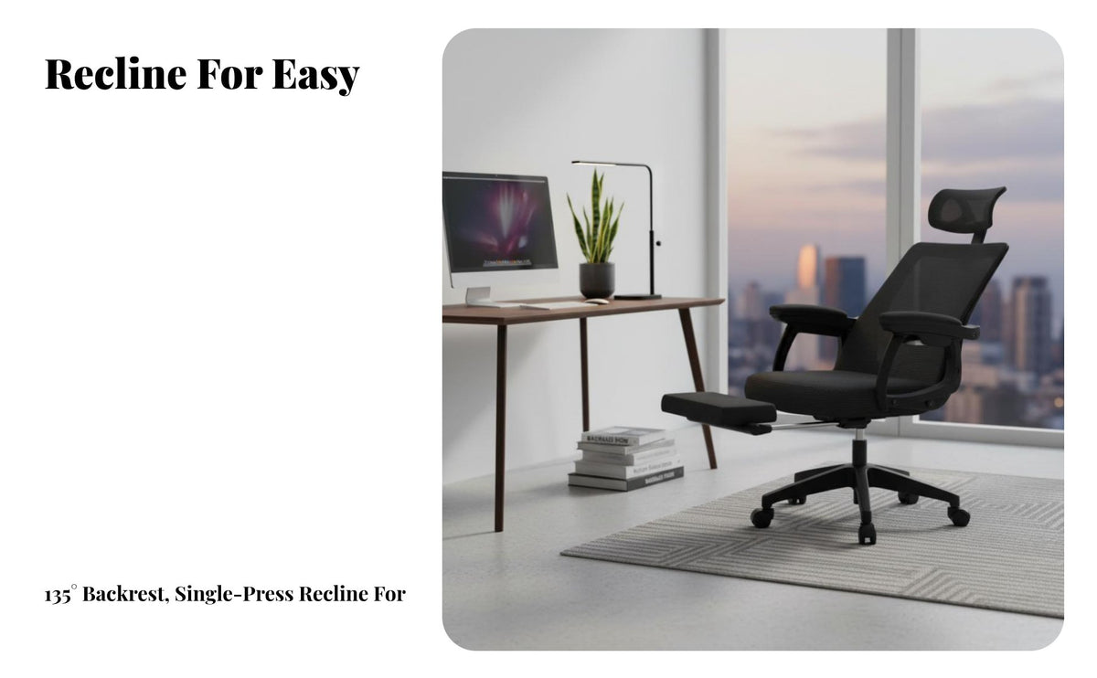 Ergonomic Design Reclining Mesh Chair with Footrest Longperiod Comfort Computer Seat Adjustable Headrest Office Furniture 360-Degree pivot for Students, video game enthusiasts, Remote Workers, Study Room, Studying, Gaming
