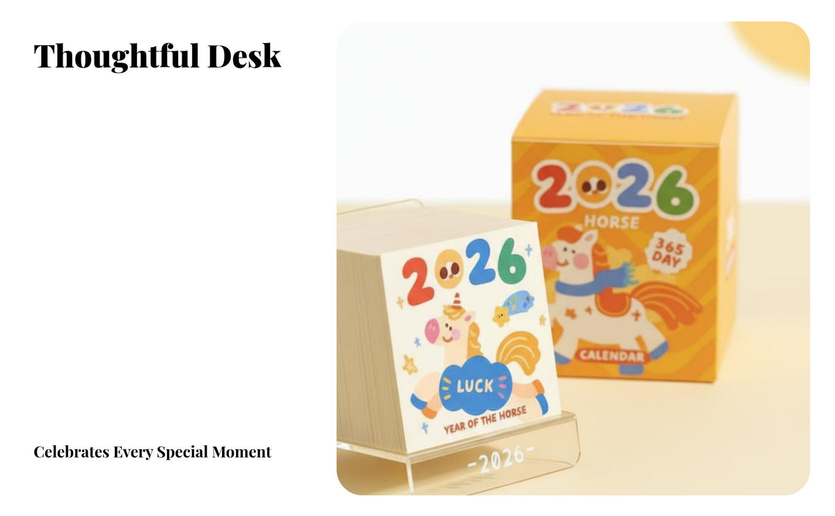 Horse Year Mini Desk Calendar 2026, Tearable Sticker, Cute Cartoon, Multi-Function, Gift Box