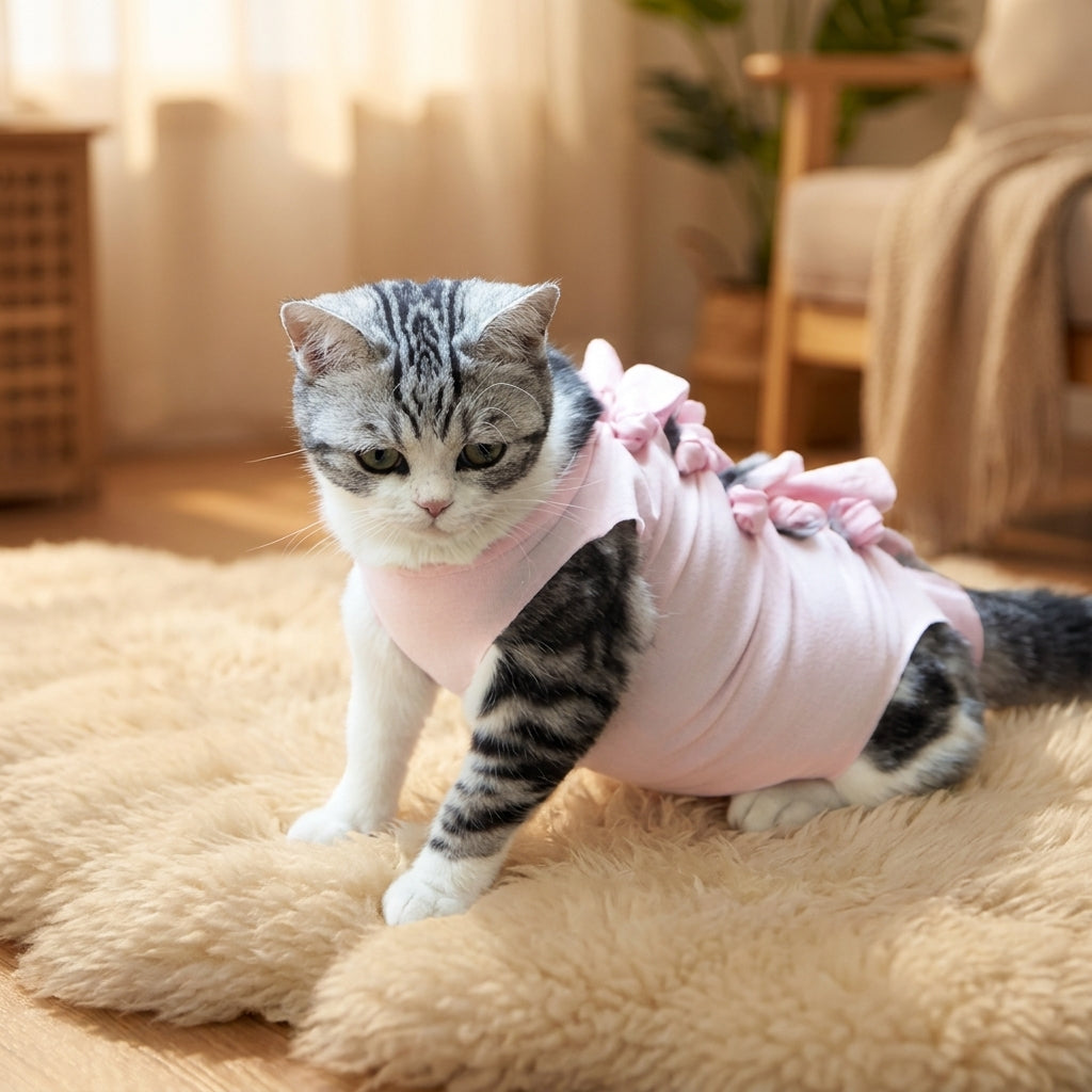 Cat Recovery Suit, Sleeveless Polyester Bodysuit with Drawstring, Anti Licking Spay Suit Cat, Female Cat Surgery Suit, Post Surgery Cat Suit Use
