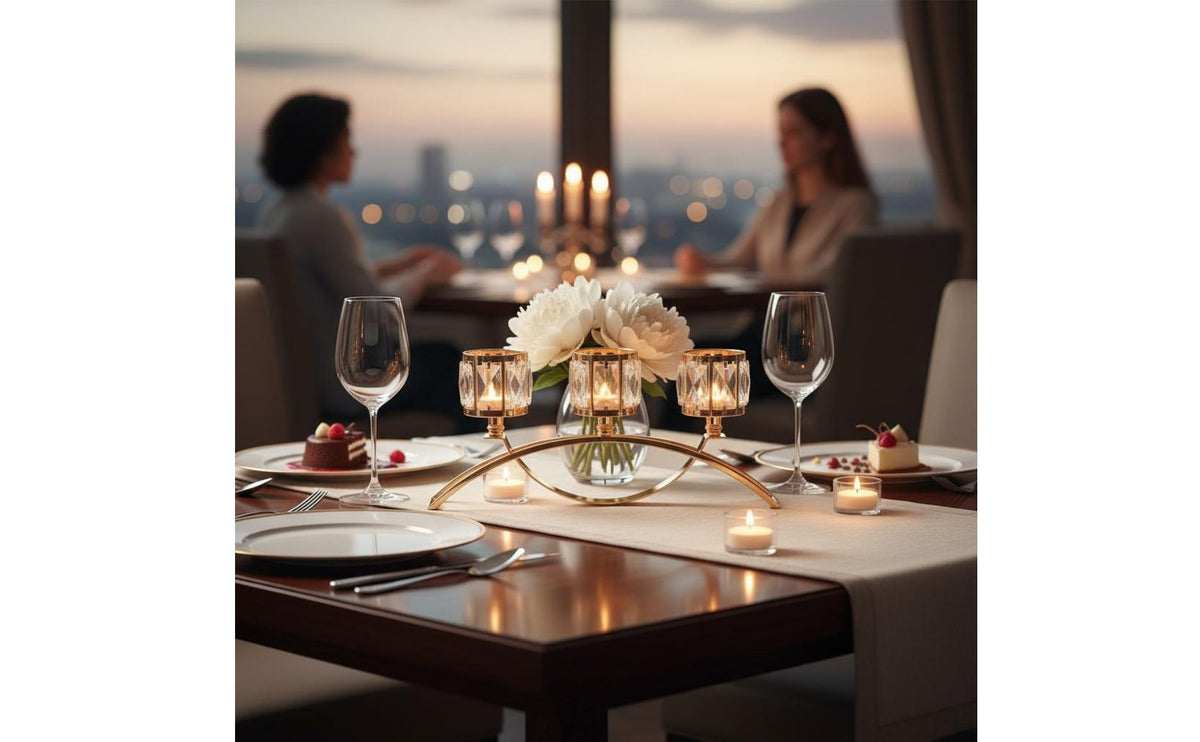 Nordic Design Aesthetic Table Centerpiece Candelabra Elegant Design 3-Cup Crystal Candle Holder Arched Metal Candelabra for Wedding, Living Room