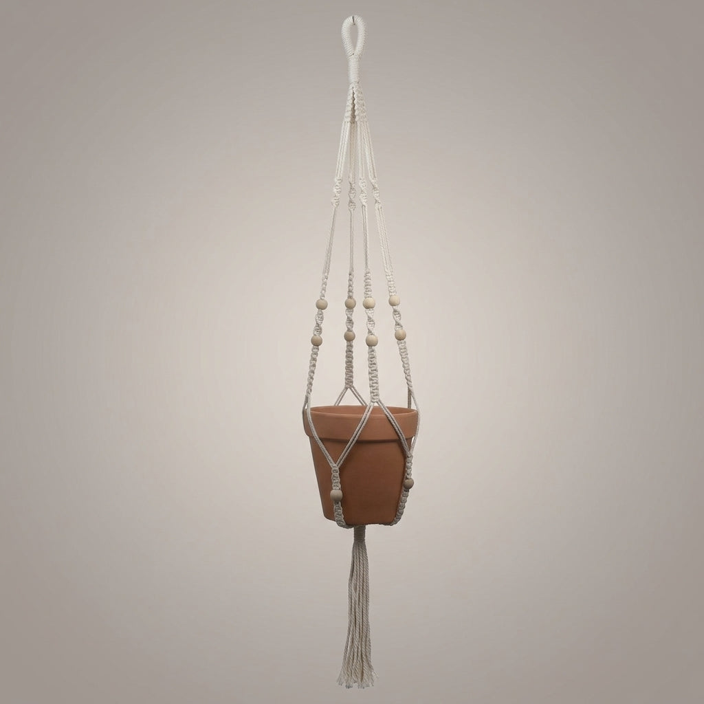 Hanging Basket for Garden Decor and Hanging Plant Display, Woven Plant Fiber Plant Hanger Indoor with Beads, Boho Decor Style, Balcony Decor