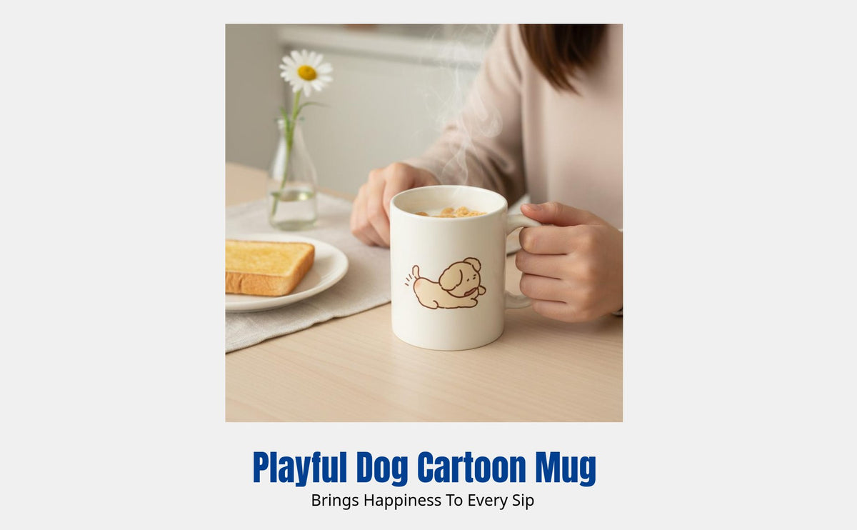 Cream Ceramic Mug, Cartoon Dog Couple Mug, Cute Breakfast Mug for Adults