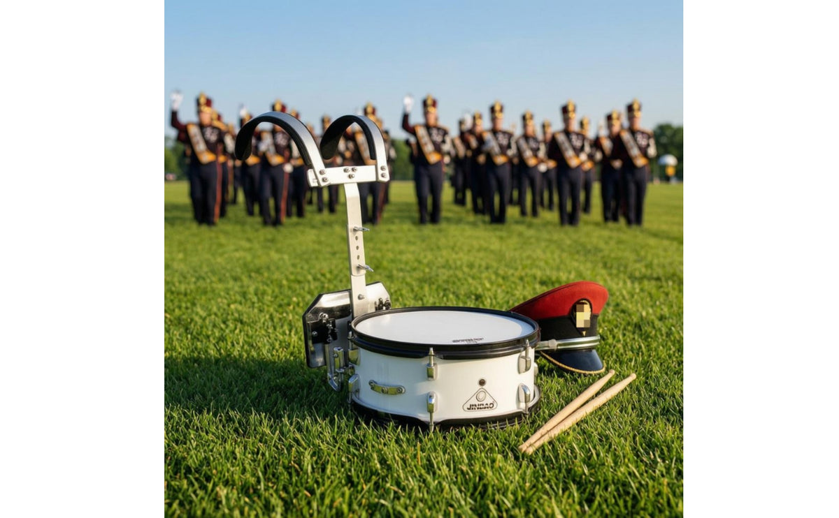 White Finish 13-Inch Marching Snare Drum Black Rims Wooden Marching Snare Drum Metal Hardware Band Instrument Back Frame