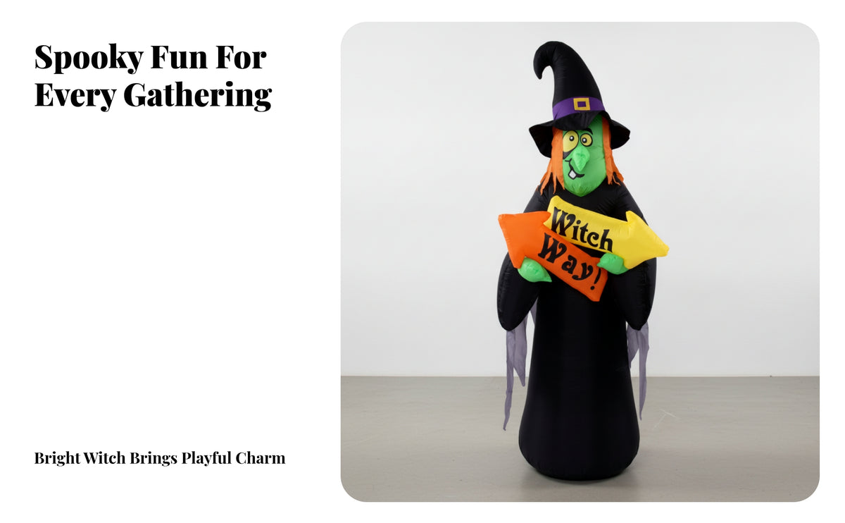 Inflatable Witch with Directional Signs | Giant 240 Cm Tall Design, Freestanding Vertical Display, for Garden