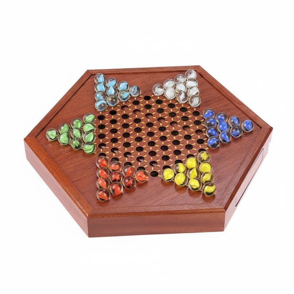 Deluxe Design Chinese Checkers Board with Storage Drawer Includes Spare Marbles Chinese Checkers Board with Drawer Polished Finish Solid Wood Hexagonal Checkerboard for Family, Kids