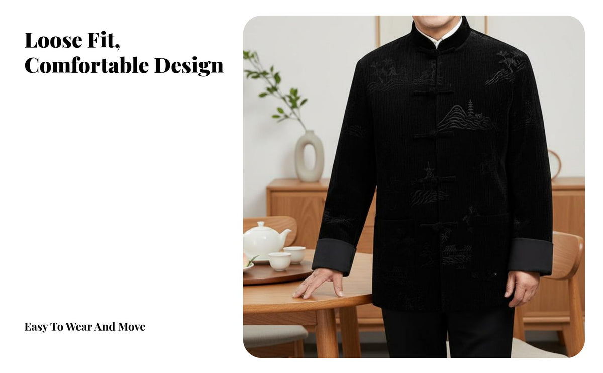 Men's Tang Suit Jacket, Traditional Chinese Outerwear, Autumn Winter, Long Sleeve, Button Detail