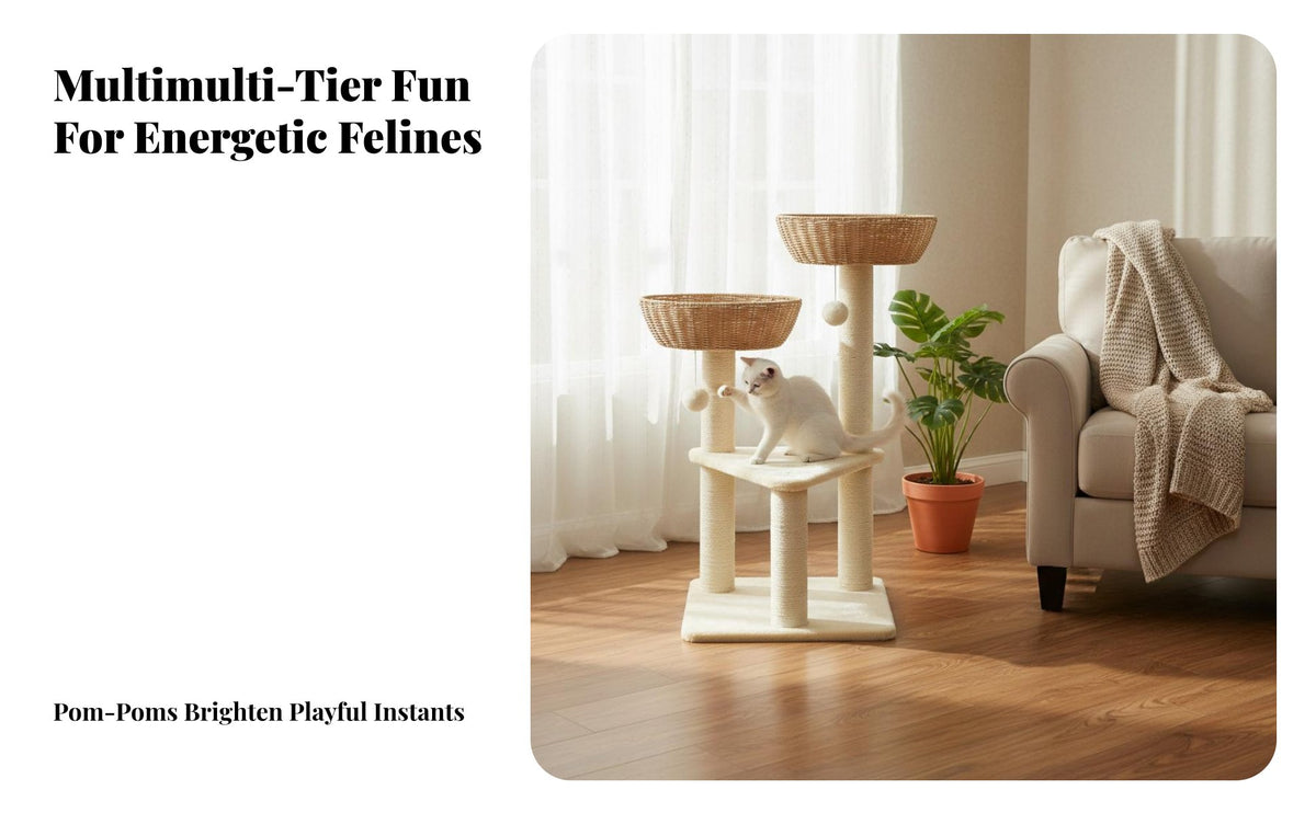 Integrated Scratching Posts Multi-Level Feline Tree with Wicker Baskets Woven Basket Bed Climbing Structure Space-Saving Design Pet Furniture Sturdy and Long-Lasting for Apartment Dwellers, Indoors, Living Room, Bedroom, Home