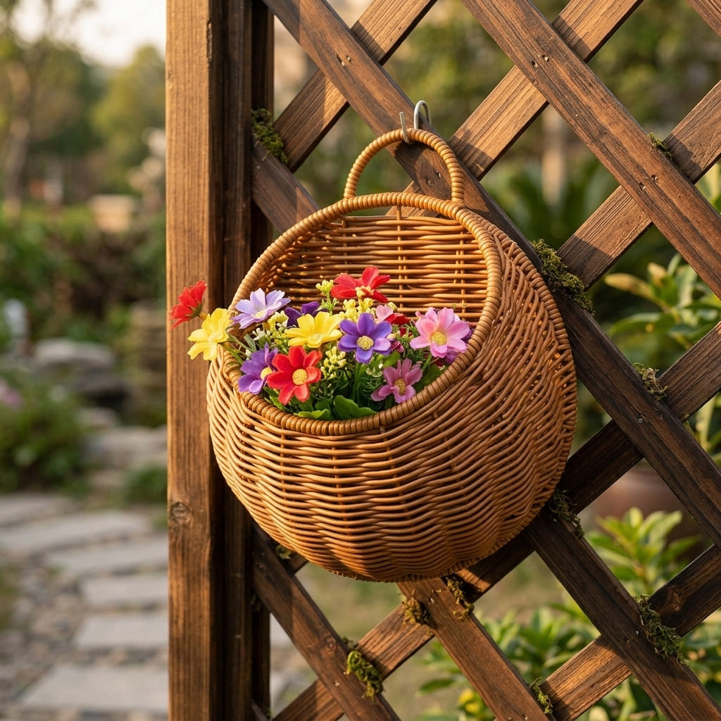 Artificial Flowers in a Hanging Basket for Garden Decor, Set of 2 Hand-Woven Wicker Wall Planters, Rattan Storage Basket with Handle, 2 Pack