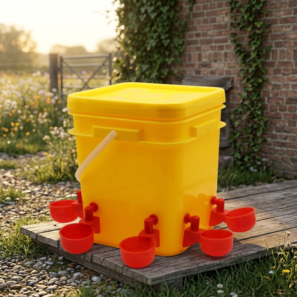Automatic Chicken Waterer Reservoir with Multiple Cups, Large 12L Fowl Drinker and Chicken Drinker Setup, Pre-Drilled Holes and Quail Drinking Setup