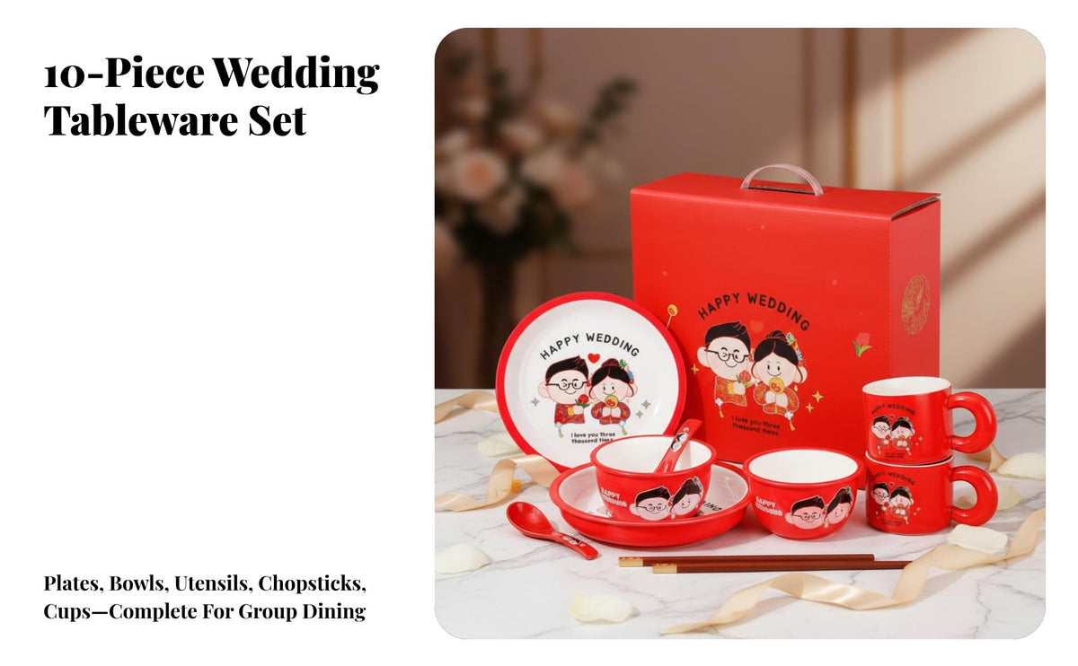 Cartoon Ceramic Dinnerware Set, Red Plate Bowl Mug, Wedding Gift Housewarming Festive Tableware