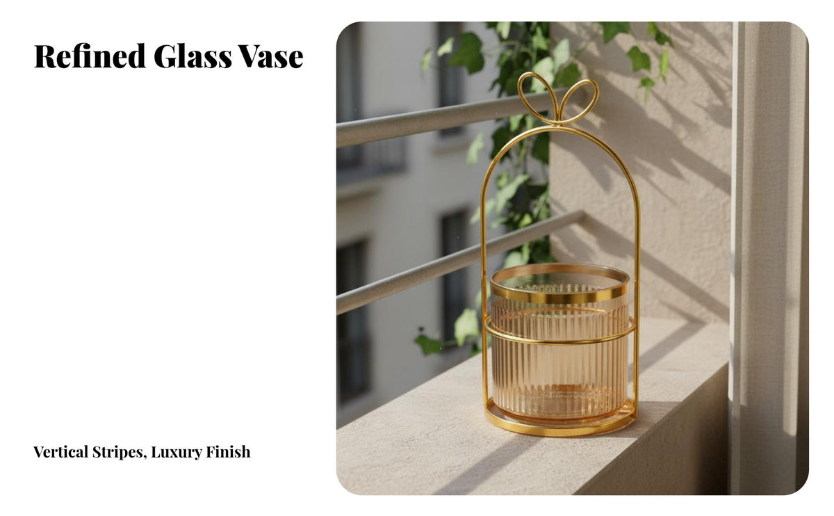 Metal Frame Vase Holder Detachable Design Glass Vase with Metal Stand Versatile Ribbed Glass Flower Pot for Office Desk, Wedding Centerpiece