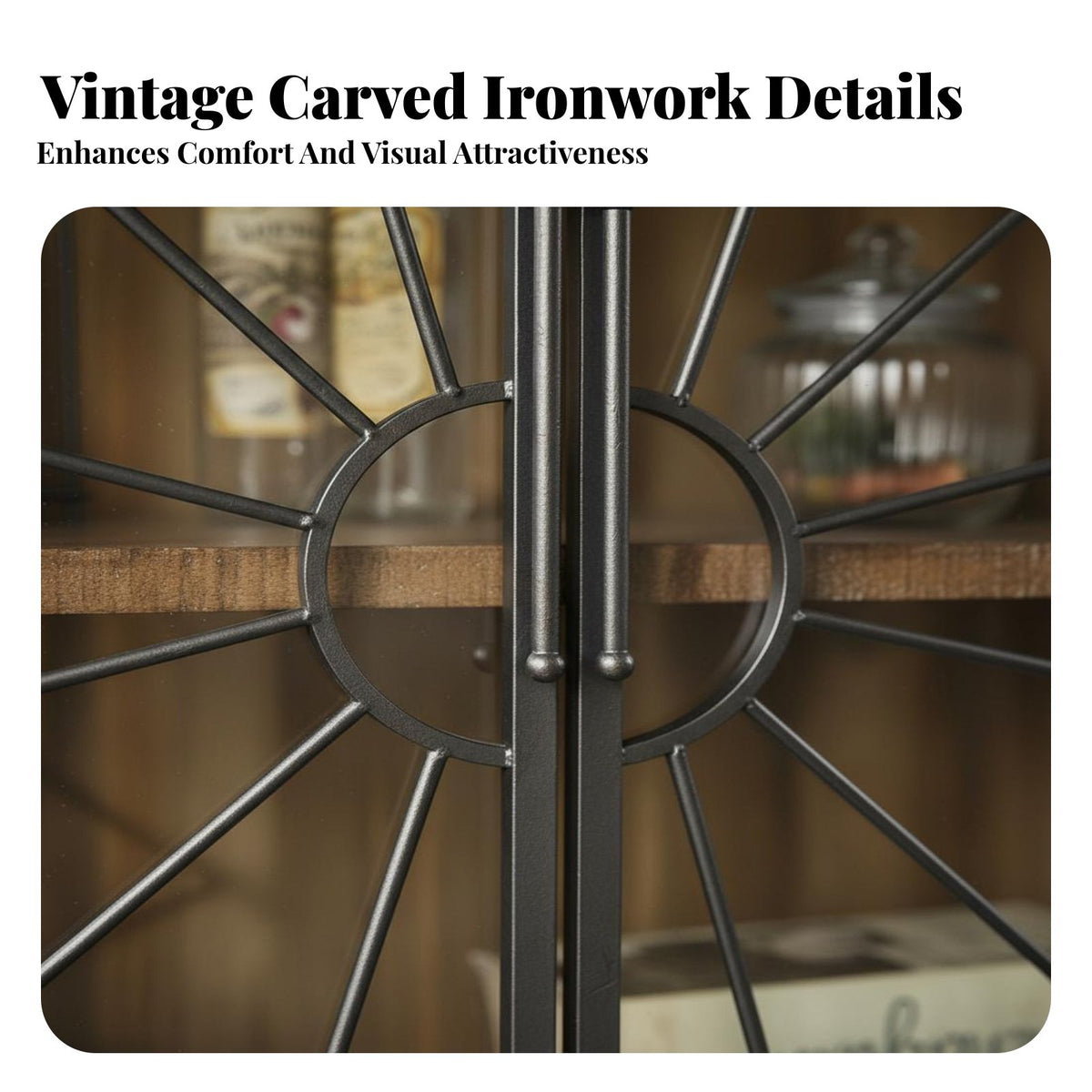 Multi-Functional Carved Door Storage Cabinet Metal Frame Accents Rustic Carved Wood Cabinet Farmhouse Accent Chest for Guesthouse Owners, Interior Decorators, Apartment Dwellers, Dining Room, Bedroom, Entryway, Hallway