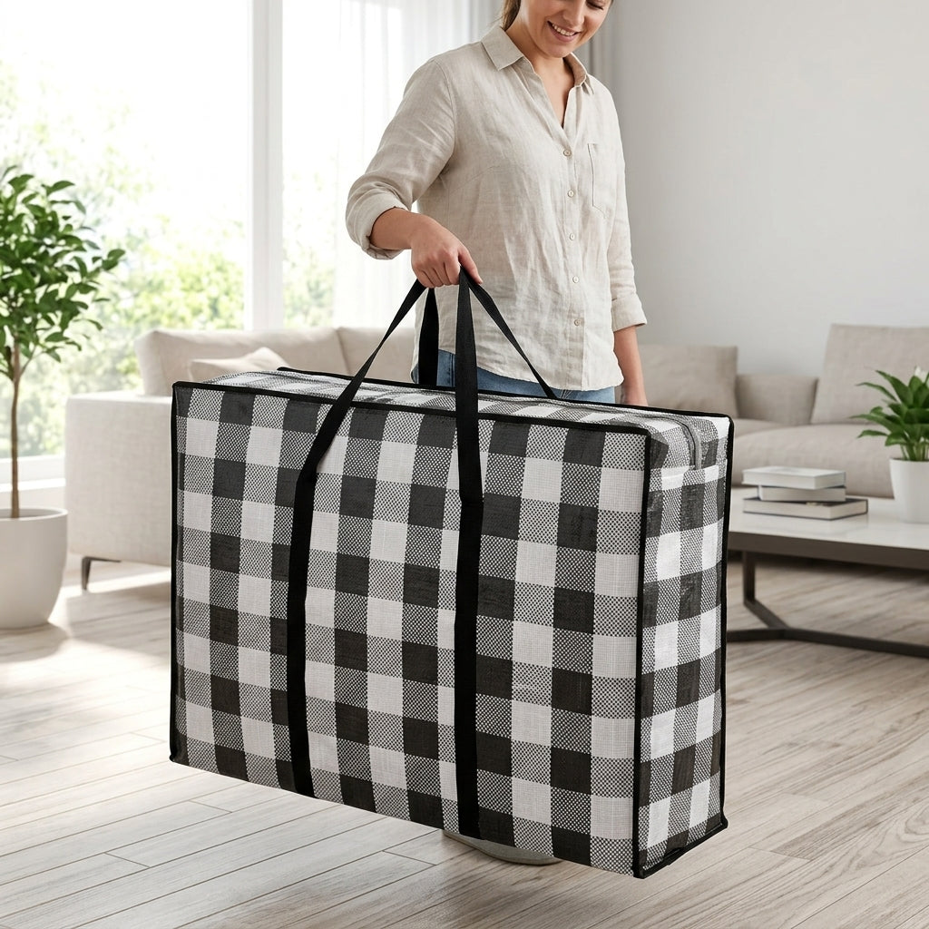 Bulk Value Storage Bags and Moving Bags, Black and White Plaid Moving Bags, Heavy-Duty Fabric with Handles, 100 Pack, 50kg Load