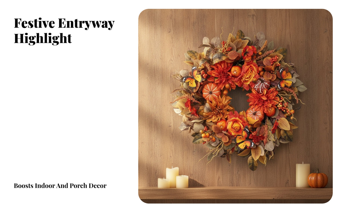 Harvest-Season Front Door Wreath | Warm Autumn Tones, Realistic Artificial Foliage, Wreath with Maple Leaves, for Mantel