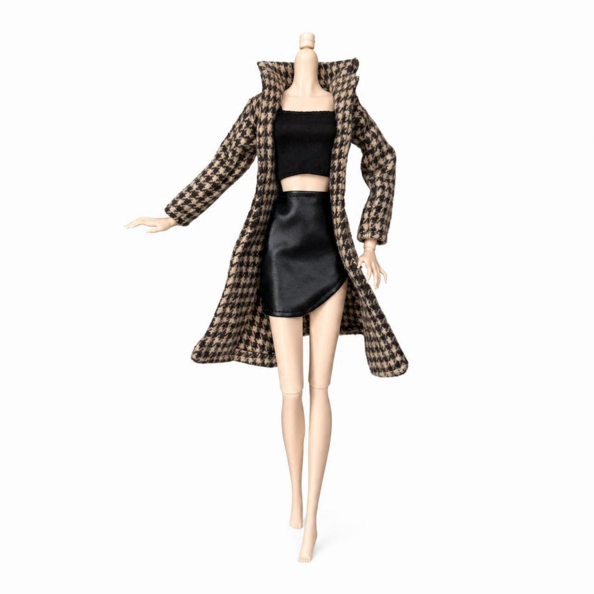 Houndstooth Doll Coat with Skirt Faux Leather Fashion Doll Clothes Miniature High-Quality for Children