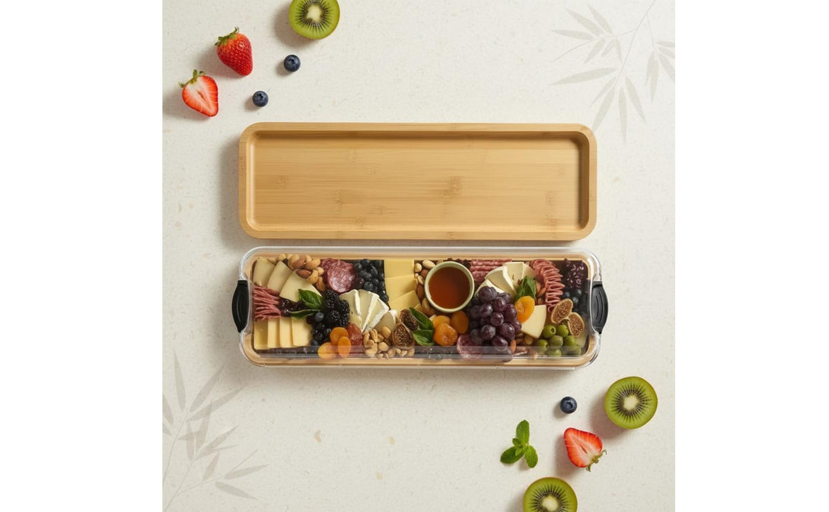 Built-in Compartments Bamboo Serving Tray with Lid Easy-Snap Locking System Divided Food Tray with Handles Food-Safe Safe Reversible Compartment Platter for Party Hosts, Picnic, Potluck
