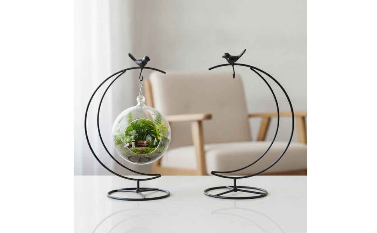 Hanging Planter Stand with Moon-Shaped-Moon Frame Compact Tabletop Hanging Stand with Bird Ornament Sturdy Air Plant Holder for Desk