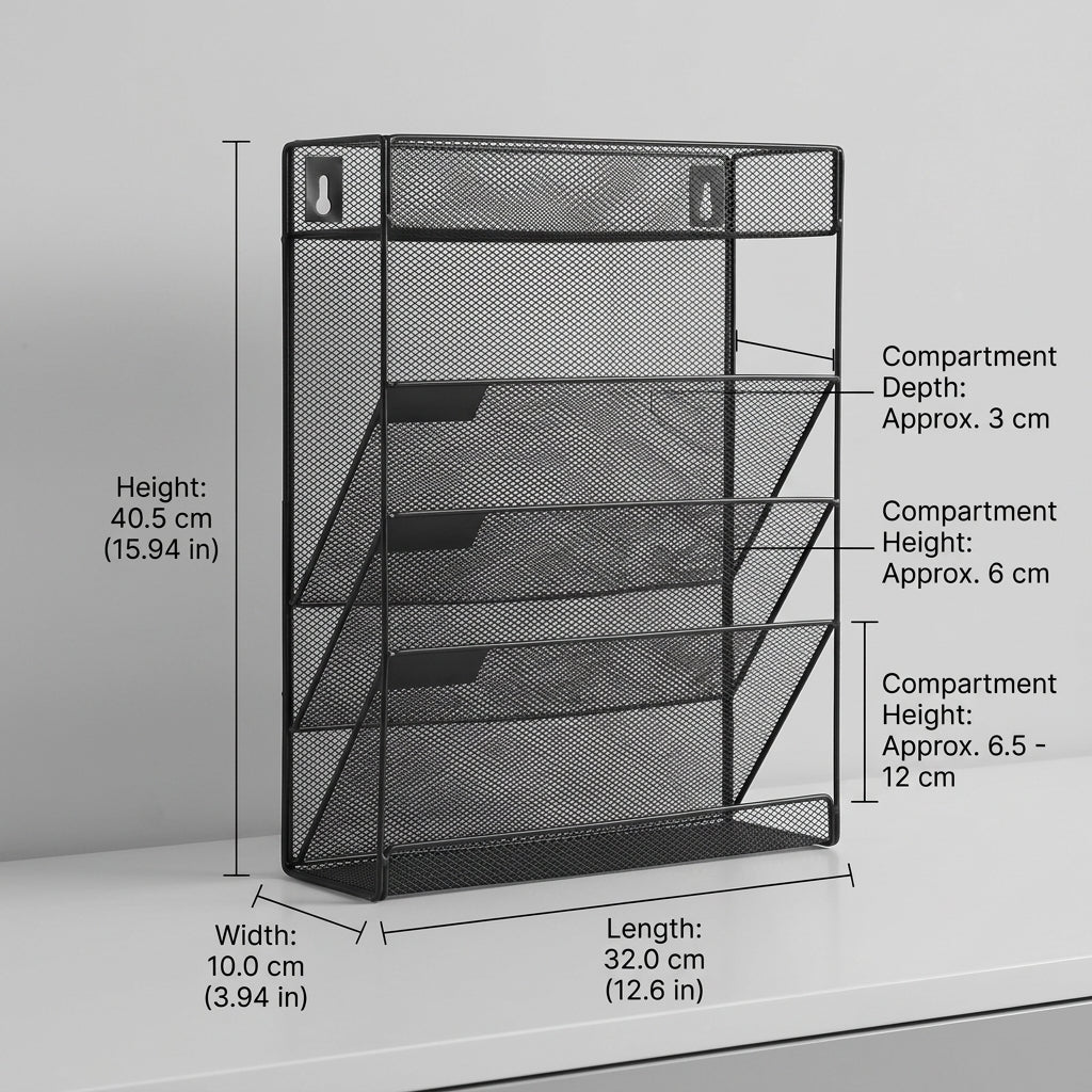 5-Tier Wall Mounted File Organizer, Metal Hanging Document Rack for Office Organization, Magazine Holder for Students, Mesh Storage