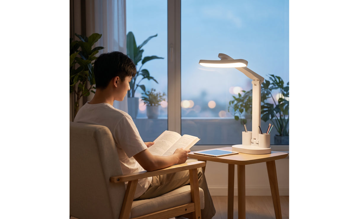 Space-Saving Corded Desk Lamp with Phone Stand Streamlined Desk Lamp with Pen Holder Matte for Students, Readers, Dorm Room, Bedroom