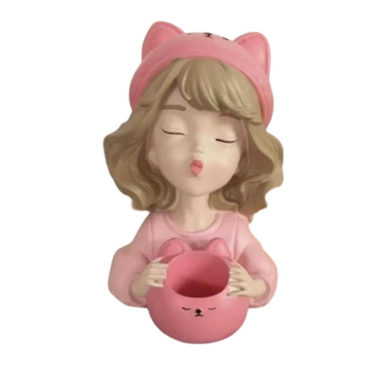 Pink Figurine Pen Holder Sculpted Girl Figurine Organizer Aesthetic Desk Organizer with Container Cartoon for Vanity