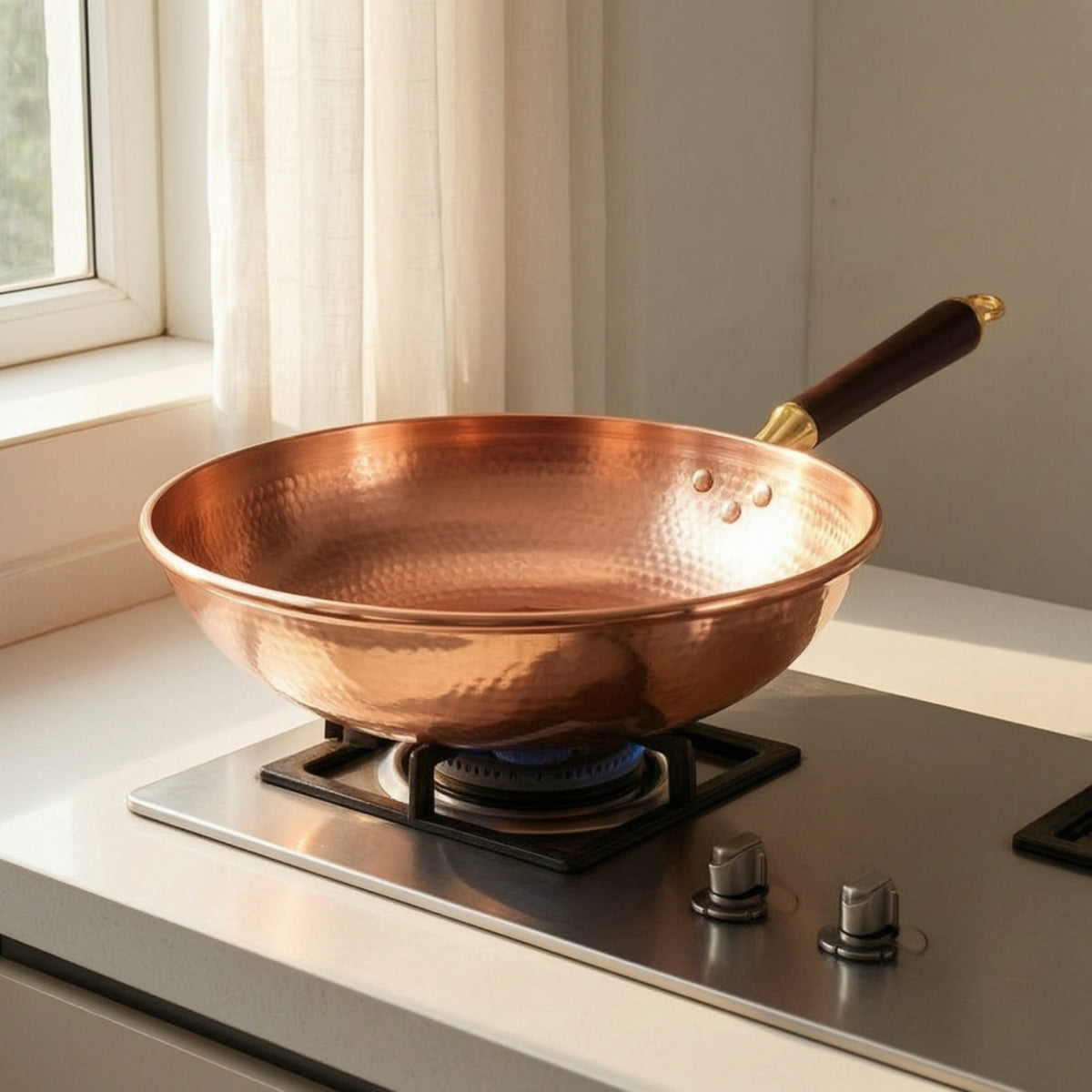 Wok with Hanging Loop Uncoated Copper Wok Thickened Stir Fry Pan for Chefs, Home Cooks, Gas Cooktop, Kitchen