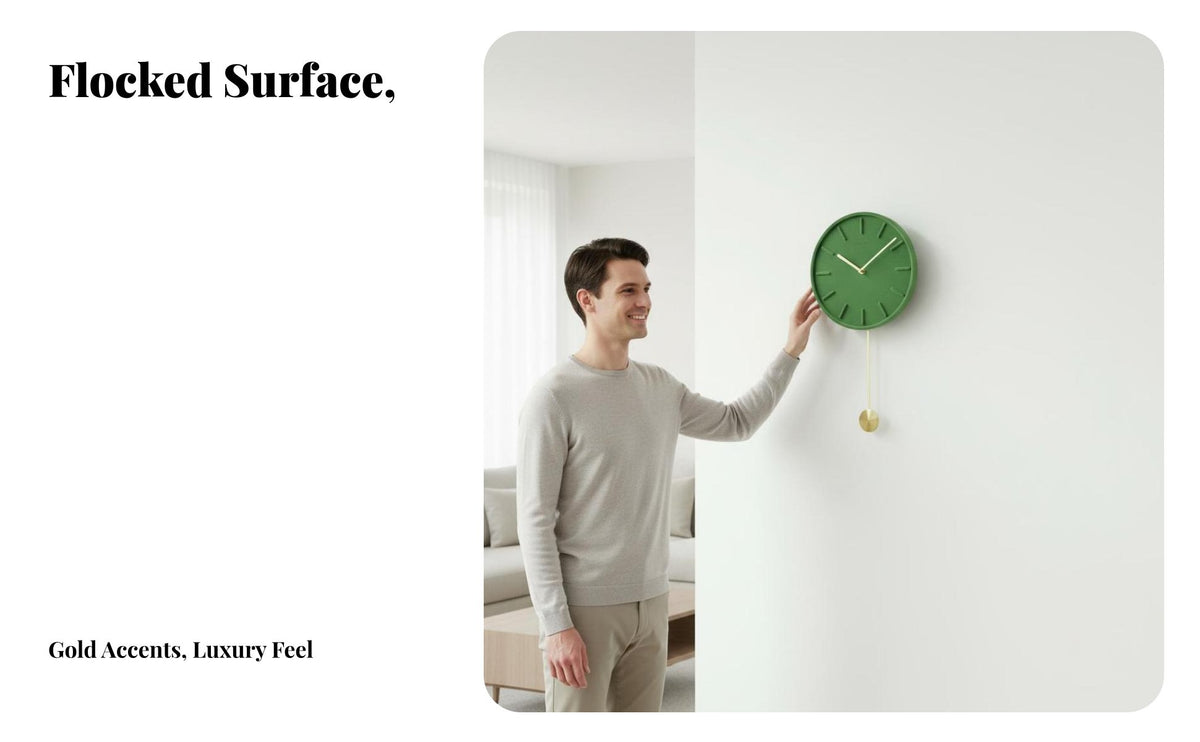 Pendulum Wall Clock, Flocked Surface with Brass Hands, Nordic Minimalist Decorative Clock for Living Room Bedroom Decor