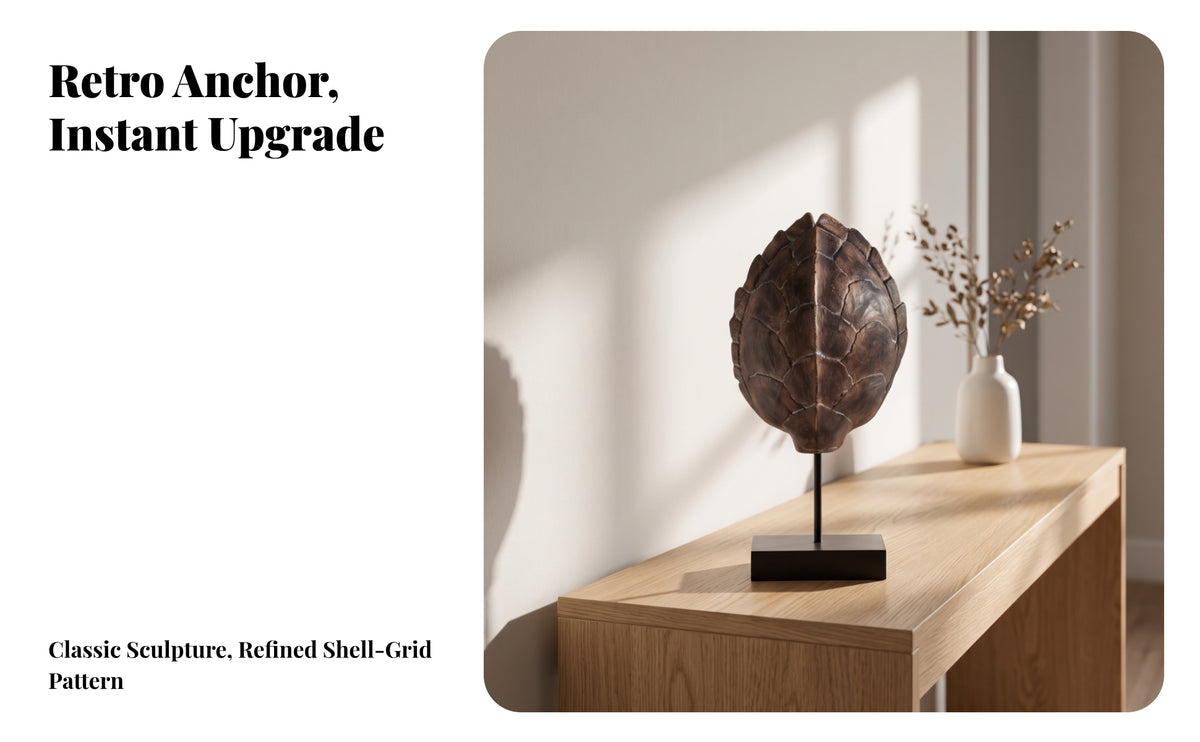 Coastal Turtle Shell Sculpture | Textured Carved Look, Flat Rectangular Base, Sculpture with Metal Stand, for Living Room