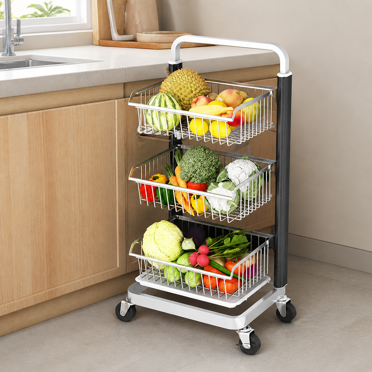 Black Rolling Storage Cart, Metal Utility Cart with Wheels, 30x40cm Freestanding Vegetable Pantry Organiser