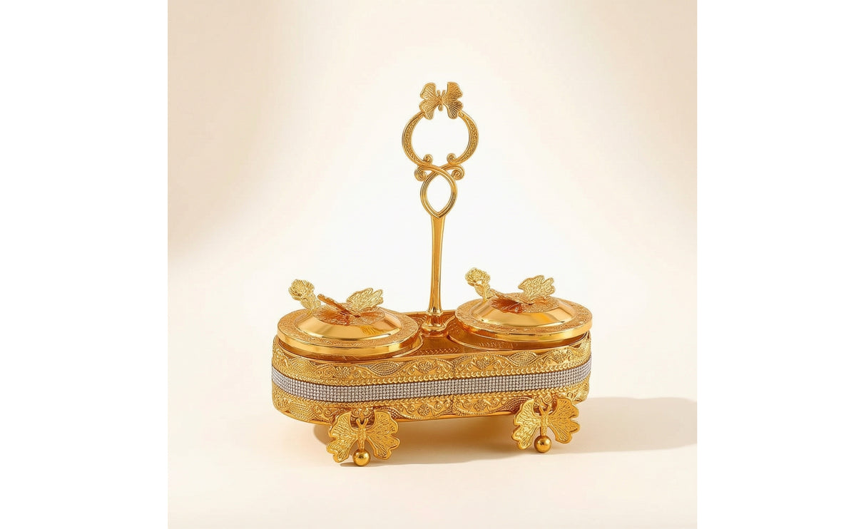 Condiment Rack with Handle Gold-Tone Sugar Bowl Set with Stand Decorative Seasoning Jar Set with Rack for Hosts, Kitchen, Dining Table