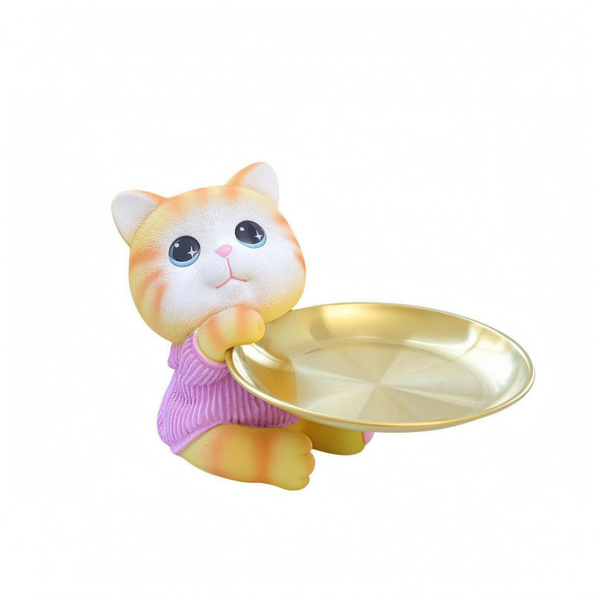 Gold-Colored Seated Cat Organizer Textured Cat-Shaped Storage Tray Metallic-Finish-Looking House Decoration Small-Item for Desktop, Entryway