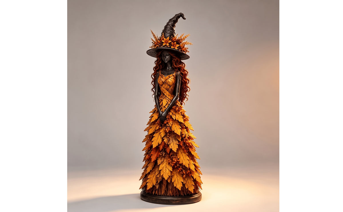 Decorative Resin Witch Figurine Seasonal Witch Figurine with Leaf Skirt Halloween Tabletop Ornament Magical for Collectors, Mantel