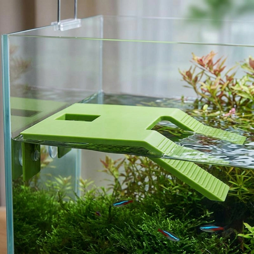 Textured Basking Perch with Gentle Ramp, Hybrid Turtle Basking Dock for Aquariums, Integrated Turtle Feeding Station with Suction Cups