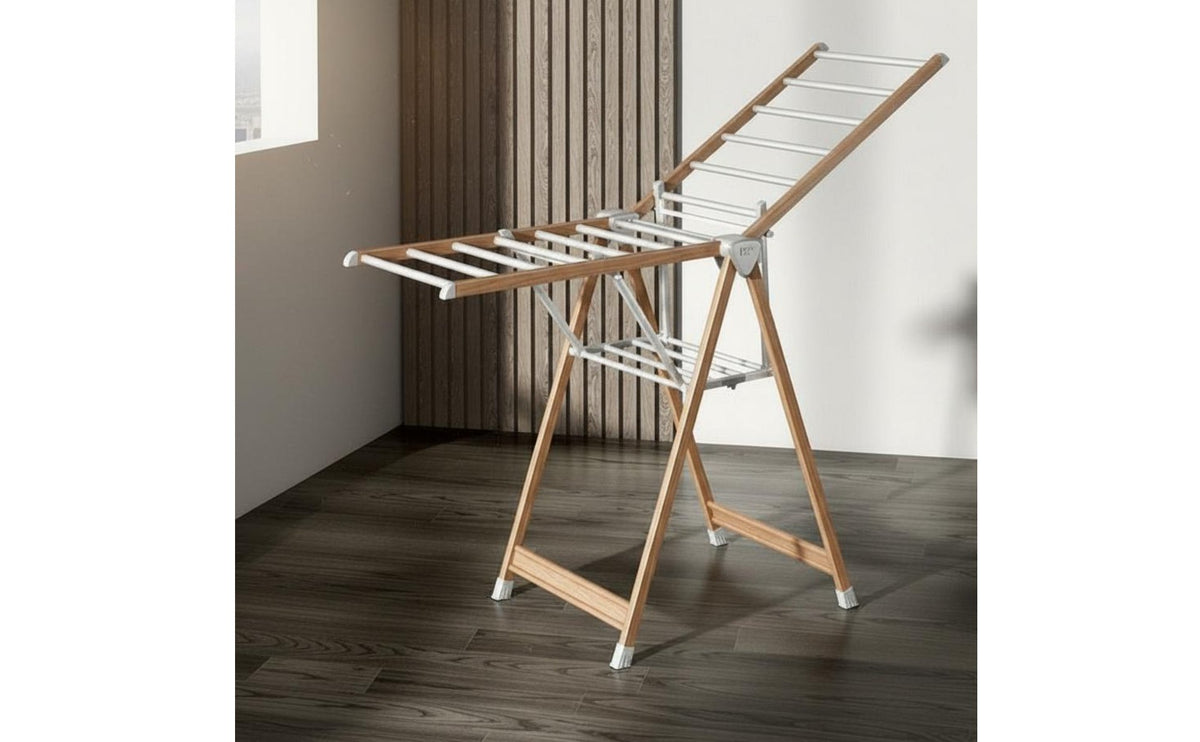 Foldable Folding Clothes Drying Rack Space Saving Gullwing Clothes Airer Large Capacity Triangular Frame Laundry Drying Rack Wood Grain Finish for Outdoor