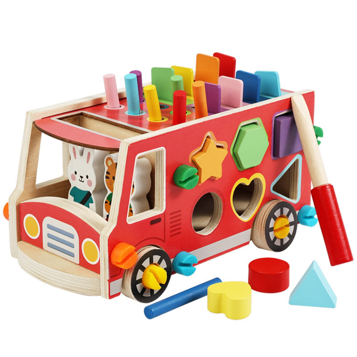 Wooden Bus with Push-Along Bus Shape Sorter Educational Wooden Shape Sorter for Young Children, Kids