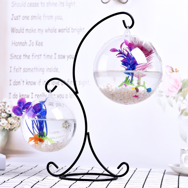 Creative Transparent Glass Fish Tank with Iron Stand for Desktop