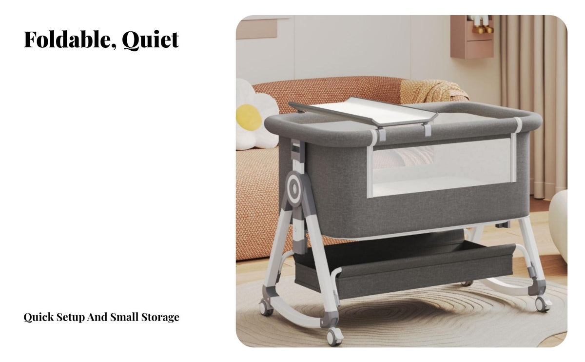 Rocking Mode Bedside Sleeper Bassinet Portable and Foldable Adjustable Co-Sleeper Crib Multi-Functional Baby Cradle Mobile with Wheels for Newborns, Infants, Parents, Night Feeding, Nursery, Bedroom, Living Room