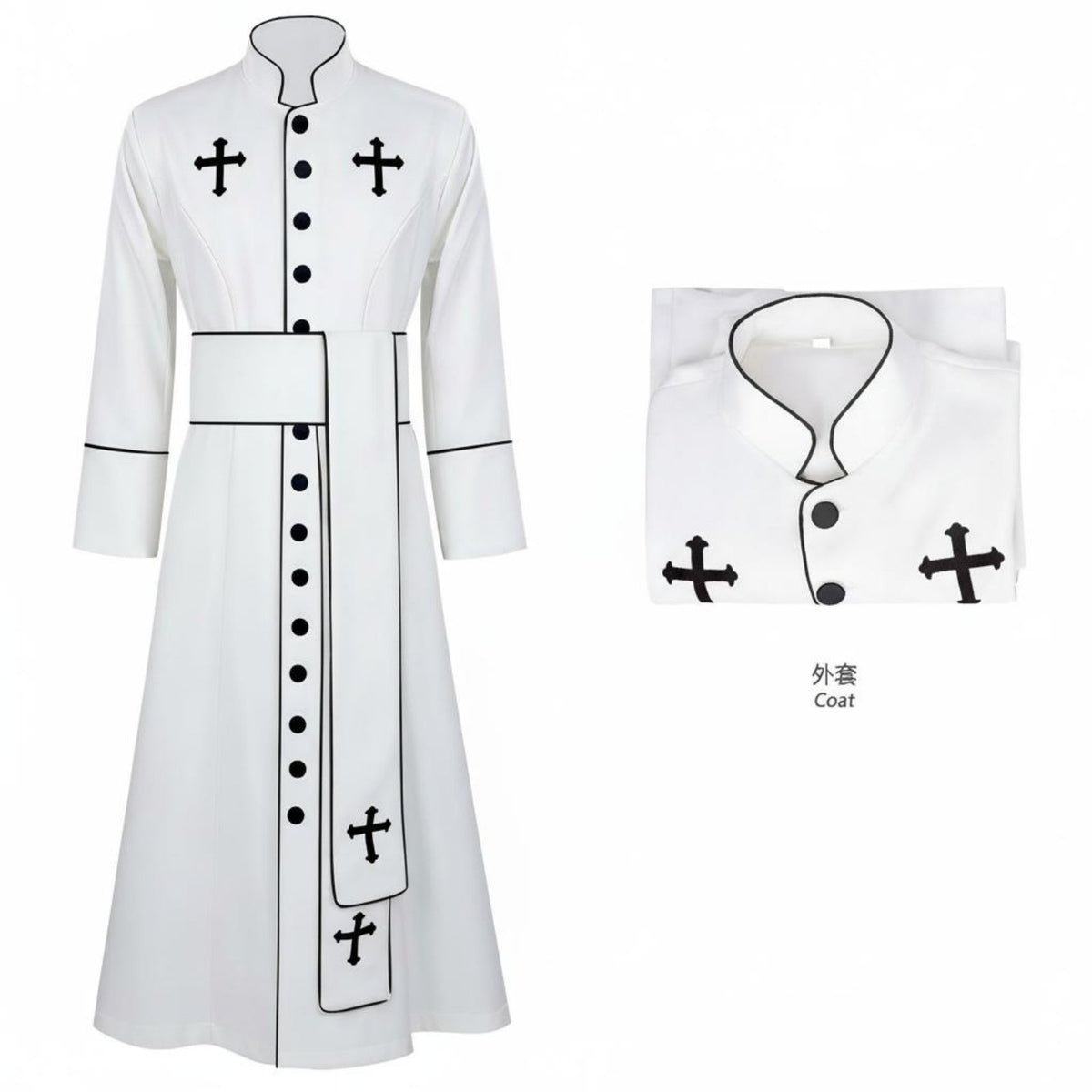 Cross Print Priest Robe Includes Matching Belt Long Sleeve Priest Cassock Stand Design Medieval Cleric Uniform for Cosplayers, Men, Halloween