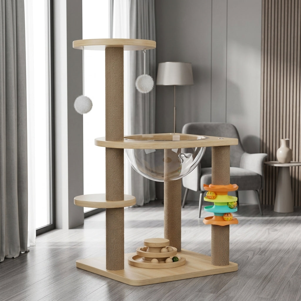 Space Capsule Cat Bed Wood Cat Climbing Frame with Turntable Toy, Multi Level Activity Center for Adult Indoor Cats and Small Kittens Pets