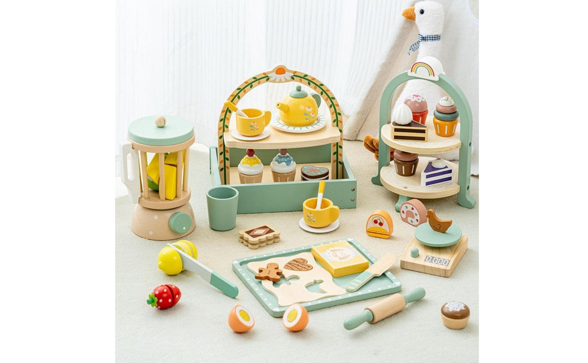 Wooden Afternoon Tea Set Role Playing Wooden Tea Party Set Child Pretend Dessert Toy for Preschoolers, Young Children, Kindergarten, Daycare