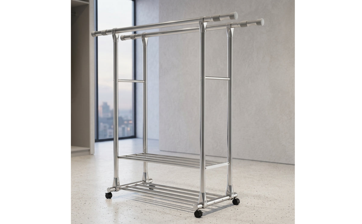 Extendable Clothes Drying Rack with Wheels Adjustable Double Rod Clothes Rack Space-Saving Heavy Duty for Balcony