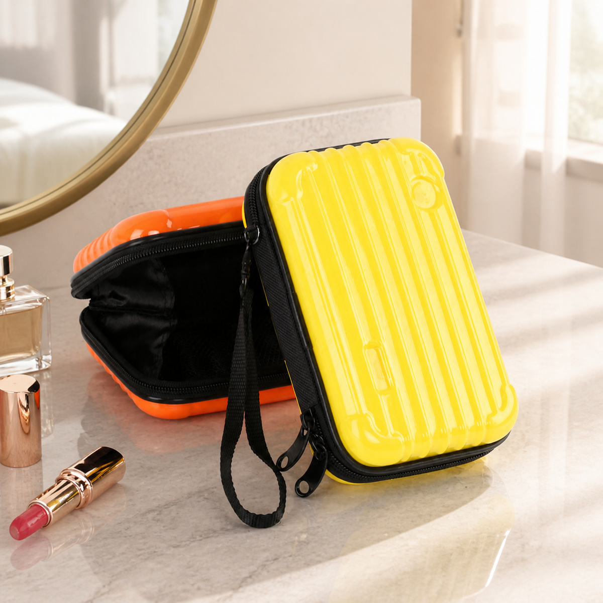7 inch Travel Makeup Bag, Hard Shell Cosmetic Bag with Sequins, Wear-Resistant Vanity Case, Striped Makeup Case for Commute
